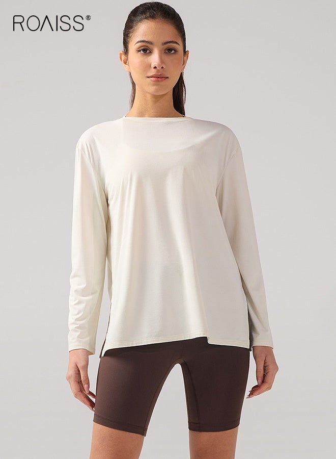 roaiss Women's Boat Neck Loose Long-Sleeved Yoga Top, Drop Shoulder Quick-Drying High-Elastic T-Shirt for Sports Fitness Training Casual Cover-Up, Suitable for Slightly Chubby People, White - Image 1