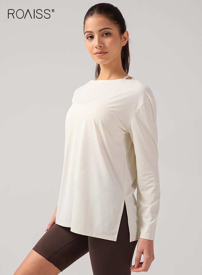 roaiss Women's Boat Neck Loose Long-Sleeved Yoga Top, Drop Shoulder Quick-Drying High-Elastic T-Shirt for Sports Fitness Training Casual Cover-Up, Suitable for Slightly Chubby People, White - Image 4