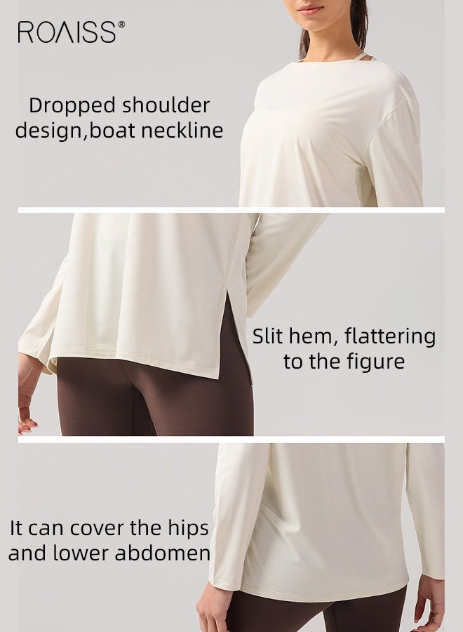 roaiss Women's Boat Neck Loose Long-Sleeved Yoga Top, Drop Shoulder Quick-Drying High-Elastic T-Shirt for Sports Fitness Training Casual Cover-Up, Suitable for Slightly Chubby People, White - Image 5