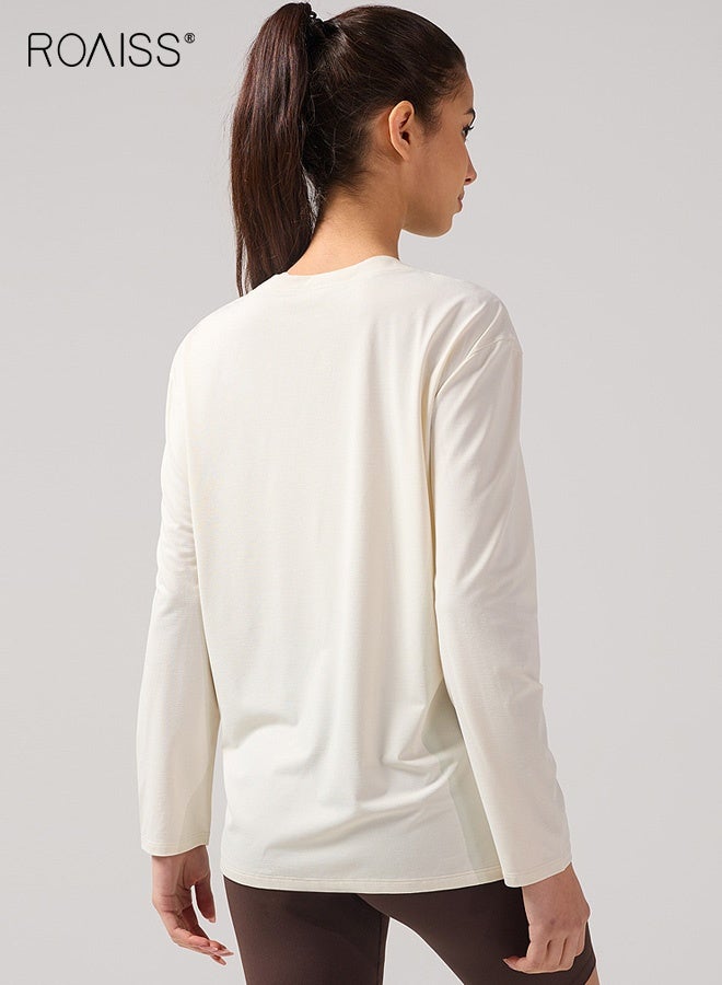 roaiss Women's Boat Neck Loose Long-Sleeved Yoga Top, Drop Shoulder Quick-Drying High-Elastic T-Shirt for Sports Fitness Training Casual Cover-Up, Suitable for Slightly Chubby People, White - Image 2