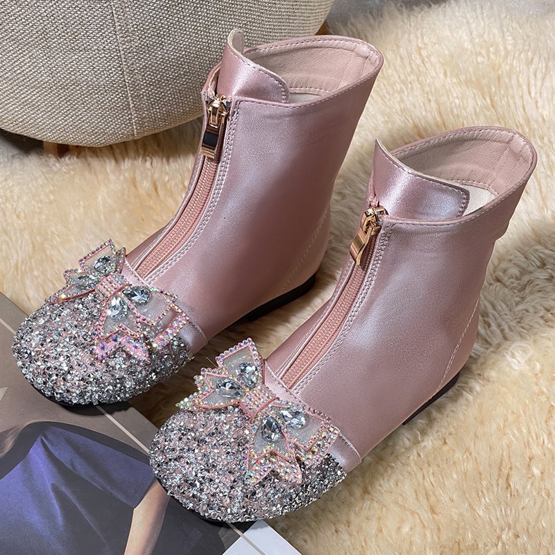 Girls Boots Children''s Spring and Autumn Single Boots 2024 New Baby Martin Boots Winter fleece-lined Leather Shoes Princess Crystal Ankle Boots - Image 4