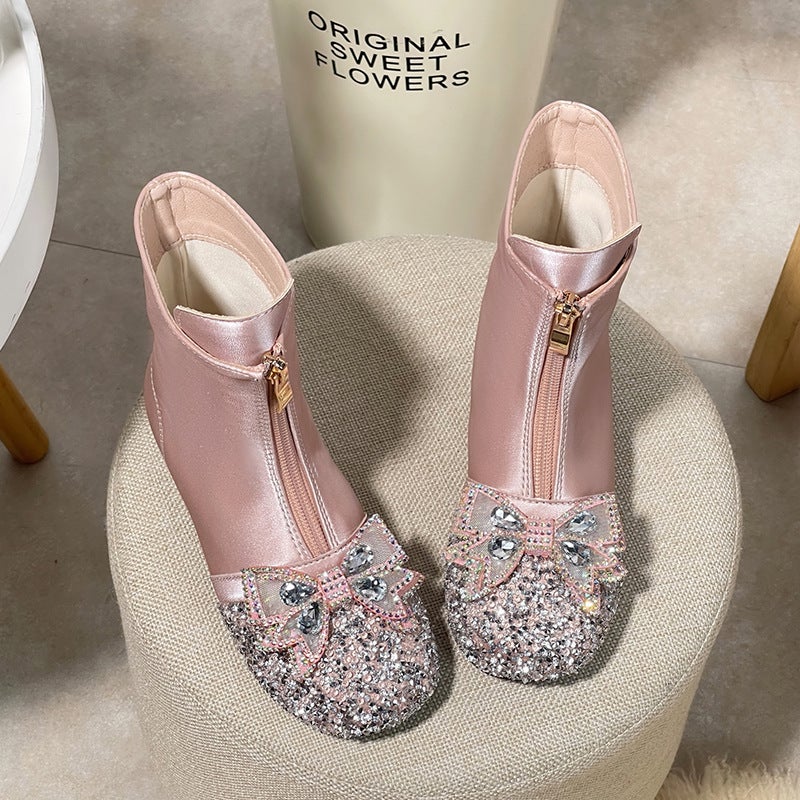Girls Boots Children''s Spring and Autumn Single Boots 2024 New Baby Martin Boots Winter fleece-lined Leather Shoes Princess Crystal Ankle Boots - Image 5