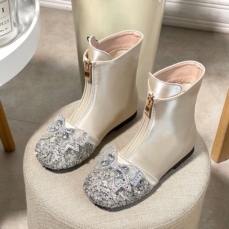 Girls Boots Children''s Spring and Autumn Single Boots 2024 New Baby Martin Boots Winter fleece-lined Leather Shoes Princess Crystal Ankle Boots - Image 3