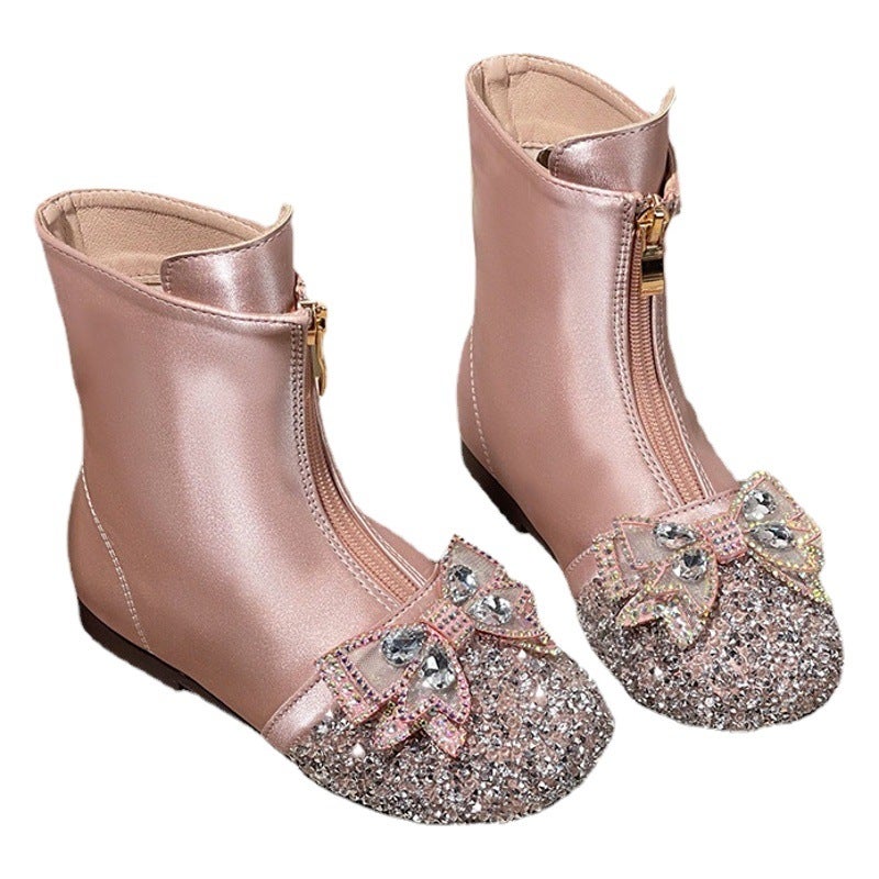 Girls Boots Children''s Spring and Autumn Single Boots 2024 New Baby Martin Boots Winter fleece-lined Leather Shoes Princess Crystal Ankle Boots - Image 2