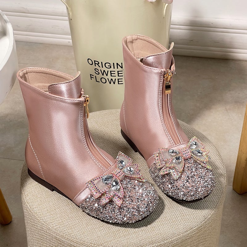 Girls Boots Children''s Spring and Autumn Single Boots 2024 New Baby Martin Boots Winter fleece-lined Leather Shoes Princess Crystal Ankle Boots - Image 1