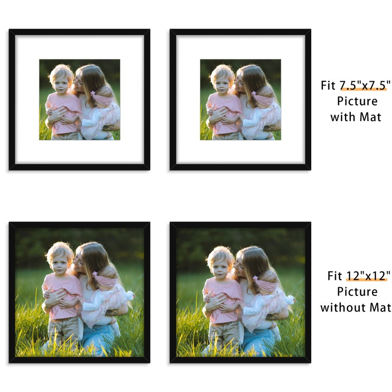 Picrit 12x12 Picture Frame Set of 12, Display 8x8 with Mat or 12 x 12 without Mat, Photo Frames for Wall Mounting Display, Black - Image 2