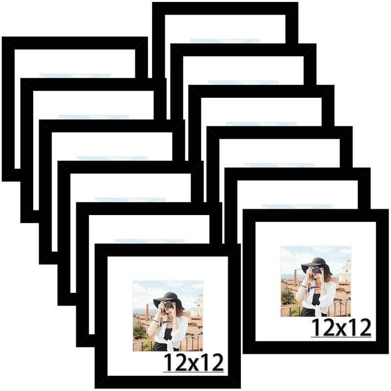 Picrit 12x12 Picture Frame Set of 12, Display 8x8 with Mat or 12 x 12 without Mat, Photo Frames for Wall Mounting Display, Black - Image 1