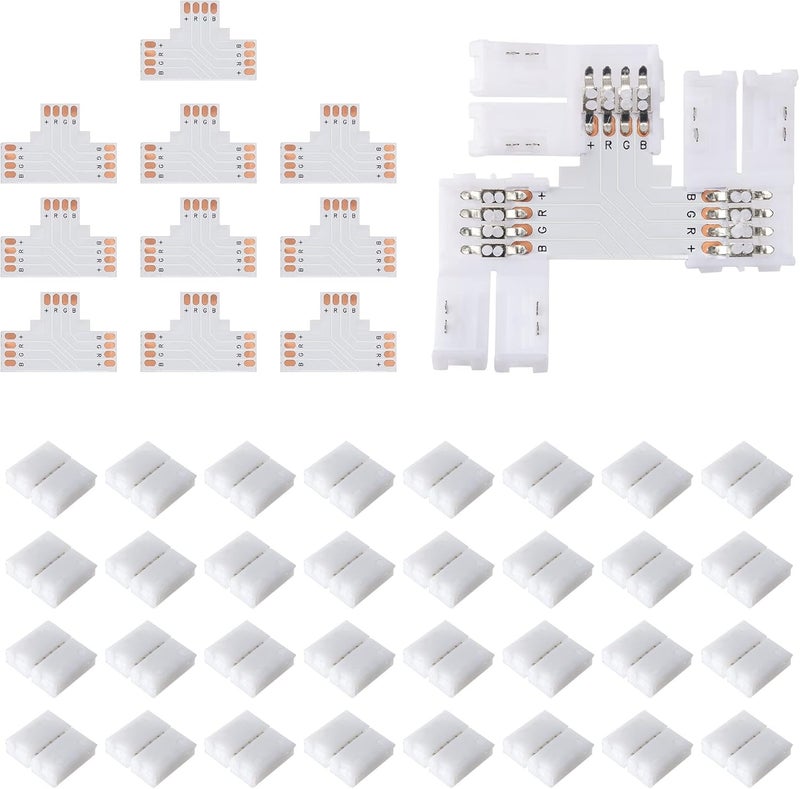 JACKYLED T Shape 4-Pin LED Connectors 10-Pack 10mm Wide Unwired Solderless Gapless Adapter Connectors Terminal Extension 12V 72W with 32pcs Clips for 5050 3528 SMD RGB LED Strip Lights - Image 1