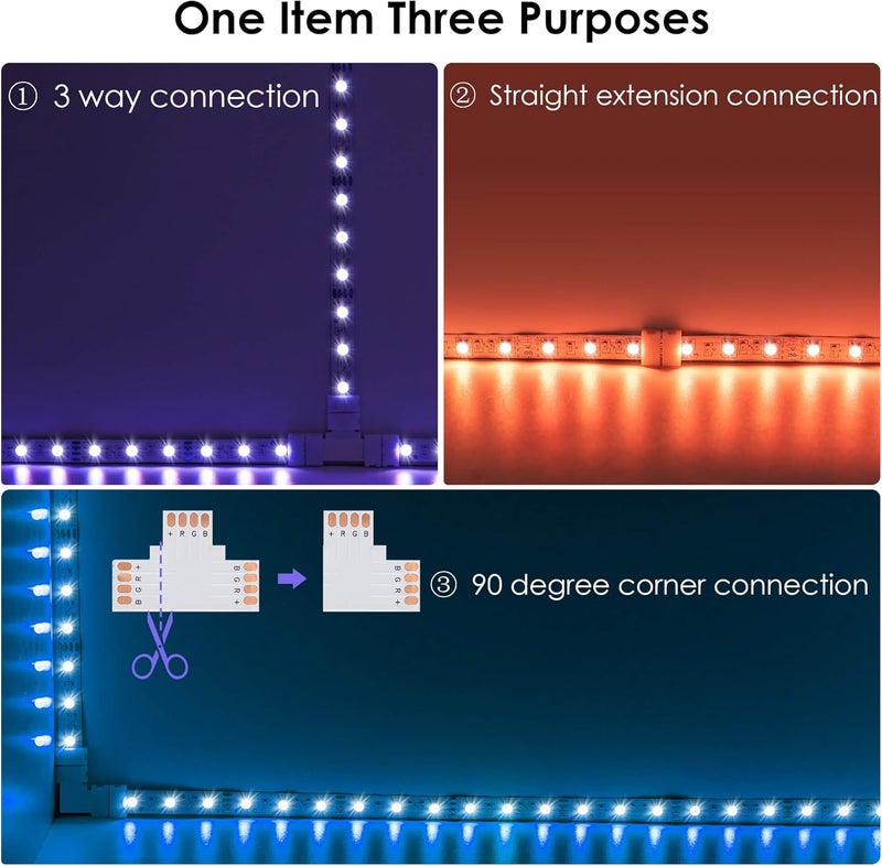 JACKYLED T Shape 4-Pin LED Connectors 10-Pack 10mm Wide Unwired Solderless Gapless Adapter Connectors Terminal Extension 12V 72W with 32pcs Clips for 5050 3528 SMD RGB LED Strip Lights - Image 4