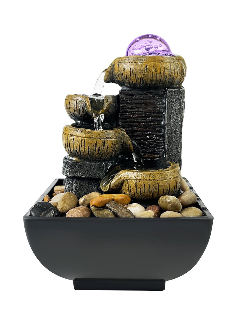 SYOSI Tabletop Fountain 4 Tier Waterfall Function Indoor Zen Meditation Desktop Rocks Decorated with Colored Lights and Rolling Ball for Home Office Decoration  - Image 1