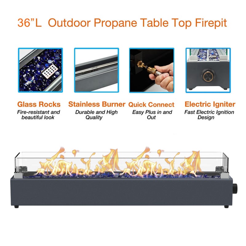 BAIDE HOME 36-inch Table Top Propane Fire Pit, 40,000 BTU Tabletop Firepit for Patio, Outdoor Portable Rectangular Fire Bowl w/Wind Glass Shield, Glass Rocks - Carbon Gray - Image 3