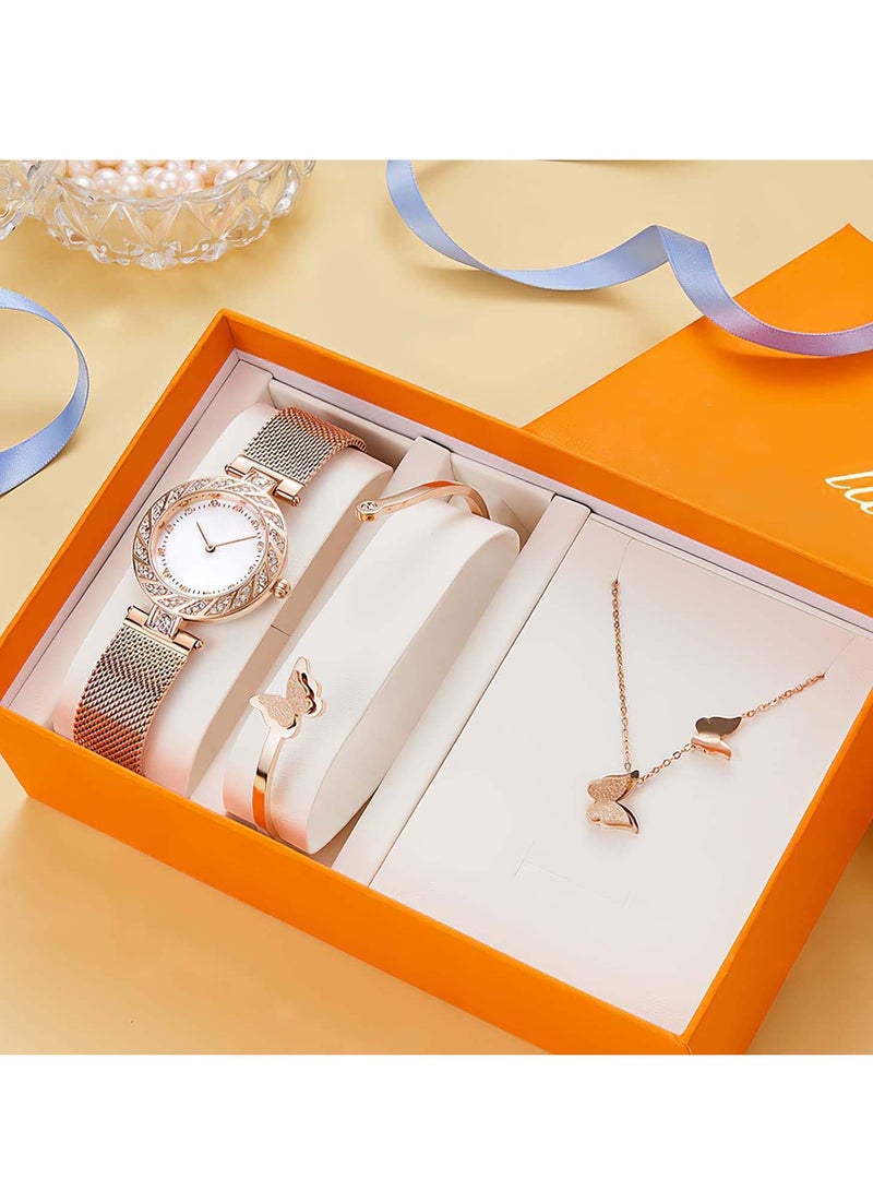 Captaintech Stylish Women's Watch Collection, 3 Piece Set with Bracelet and Necklace, Quartz Diamond Timepieces with Stainless Steel Band, Rose Gold Jewelry Set - Image 2