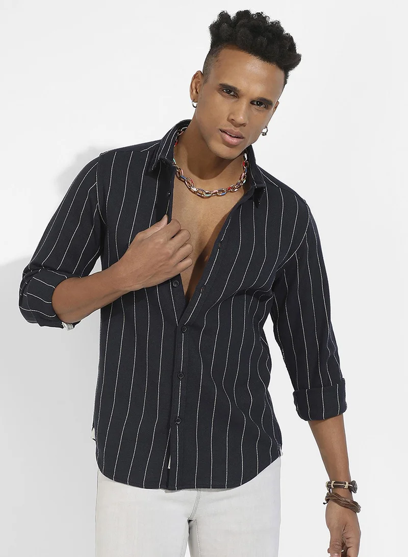 Campus Sutra Campus Sutra Men's Navy Blue Shadow Striped Shirt For Casual Wear | Spread Collar | Long Sleeve | Button Closure | Cotton Shirt Crafted With Comfort Fit For Everyday Wear