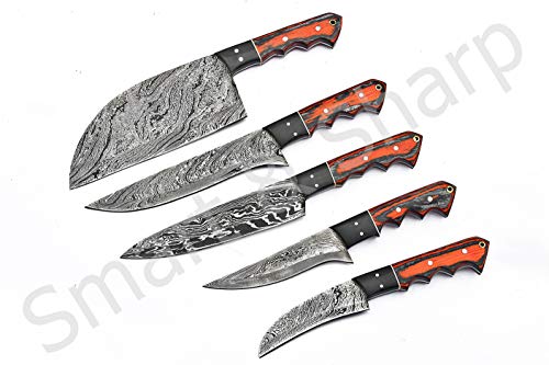 Smart & Sharp Custom Handmade Damascus Chef Knives Set/Kitchen Knives 5 Pieces Set SS-17211 (Orange and Black Color Wood) - Image 4