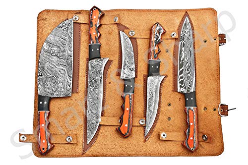 Smart & Sharp Custom Handmade Damascus Chef Knives Set/Kitchen Knives 5 Pieces Set SS-17211 (Orange and Black Color Wood) - Image 1