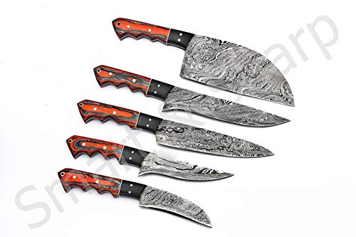 Smart & Sharp Custom Handmade Damascus Chef Knives Set/Kitchen Knives 5 Pieces Set SS-17211 (Orange and Black Color Wood) - Image 2