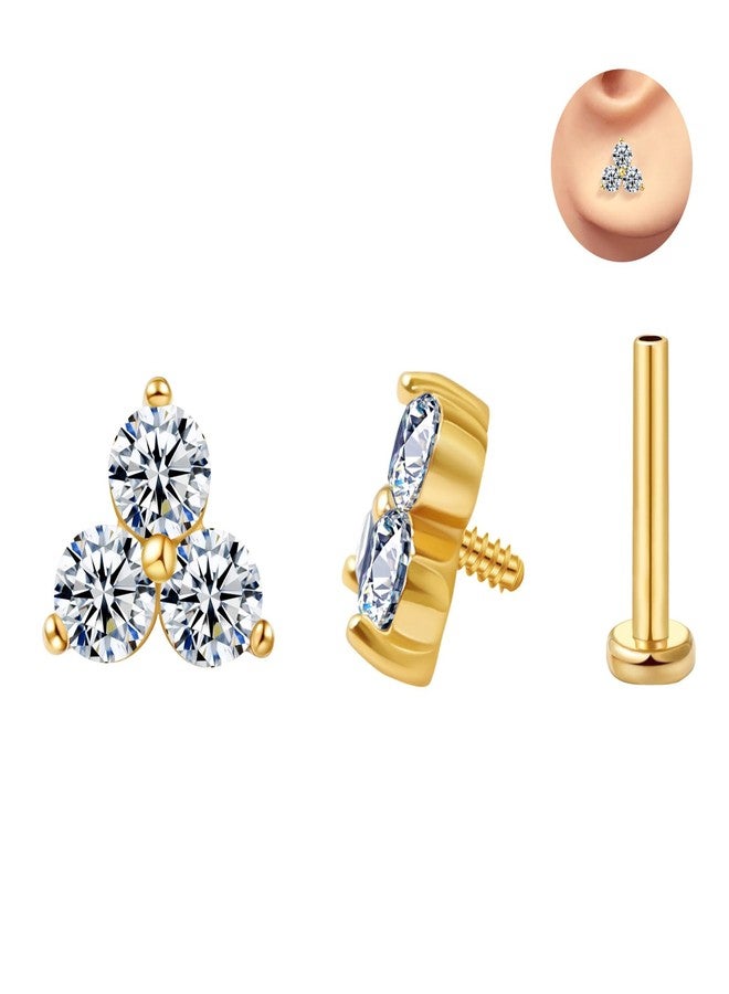 FANSING Cartilage Earring 18k Gold-plated Tragus Stud Trio CZ Stone Flat Back Earring for Helix Conch Internally Threaded Labret Stud April 18 Gauge 8mm - Image 2