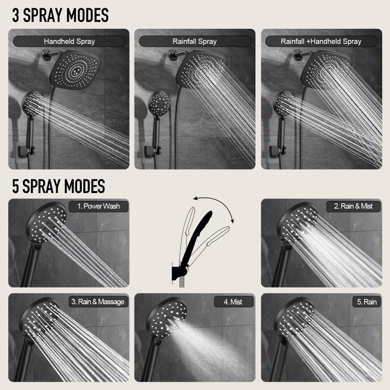 Veken Rain Shower Head with Handheld, High Pressure Rainfall Showerhead Combo with 5 Handheld Water Spray Modes for Bathroom Accessories, Home Decor, Detachable Dual Shower Heads, Matte Black, 10 Inch - Image 3