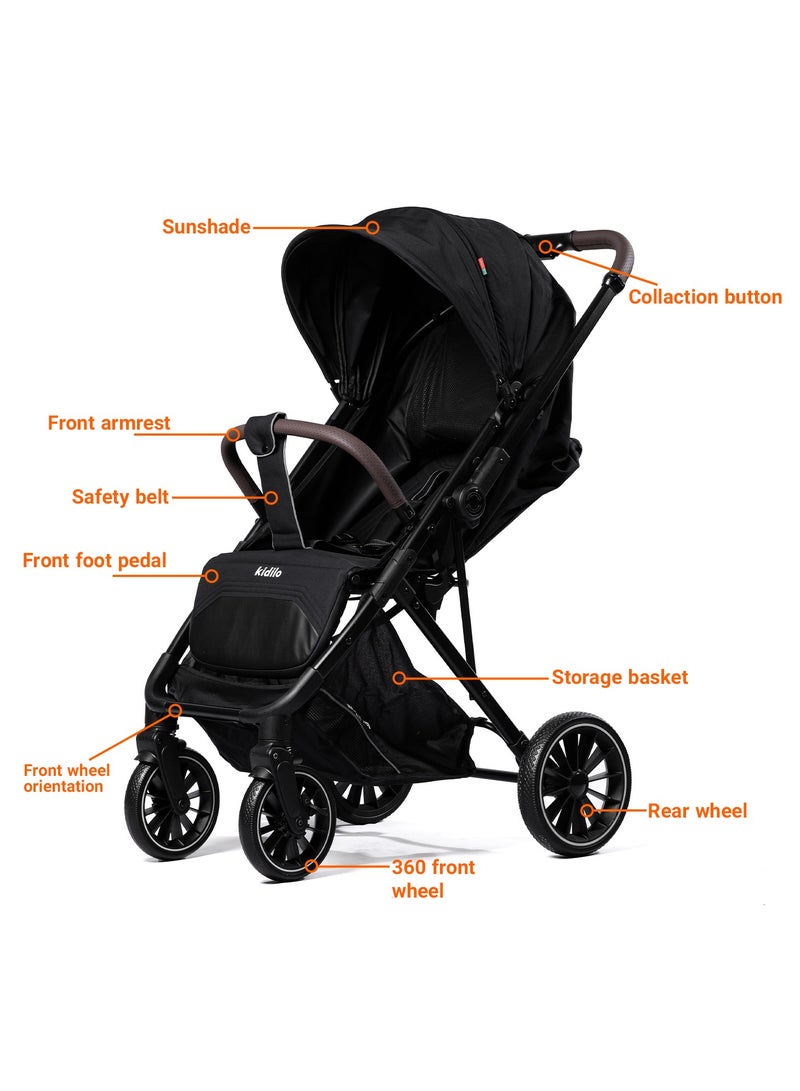 Kidilo عربة أطفال - مقبض قابل للعكس، عربة مريحة وقابلة للطي - عربة حديثي الولادة مع عجلات كبيرة لجميع المشاهد - Image 3