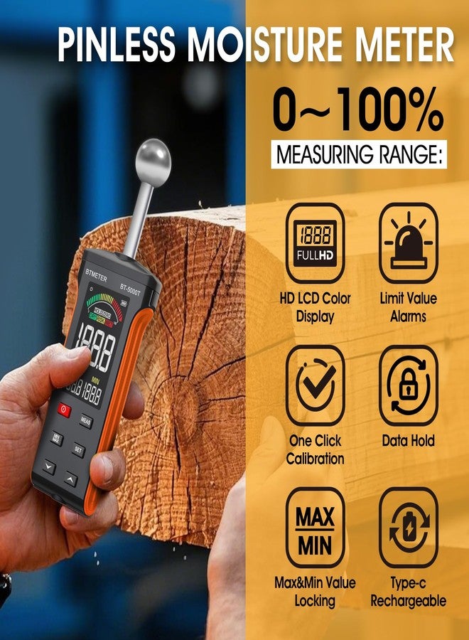 BTMETER Wood Moisture Meter - Pinless Moisture Detector Measur Depth 20-40mm Non-Destructive Moisture Tester with Masonry Spherical Sensor Sound Alarm LCD Display for Firewood Walls Flooring Concrete - Image 2