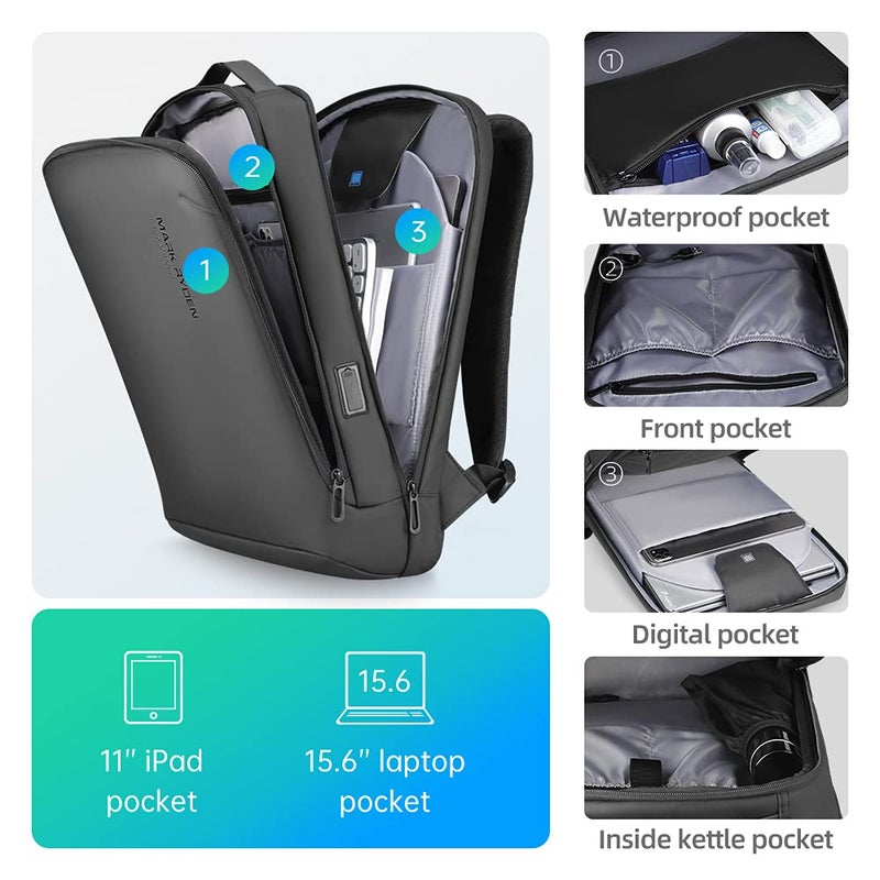 MARK RYDEN حقيبة ظهر نحيفة للكمبيوتر المحمول من مارك رايدن للرجال، حقيبة تقنية عالية مع غلاف مقاوم للخدوش ومنفذ شحن USB، حقيبة عمل مقاومة للماء مثالية للعمل والتنقل واليومي - Image 2