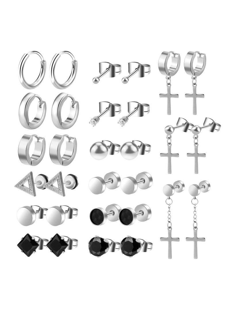 SYOSI Earrings for Men Black Stud Earrings Mens Earrings Stainless Steel Black Earrings for Men, Women, Unisex Jewelry Piercing Hoops and Cross Earrings Set  - Image 1