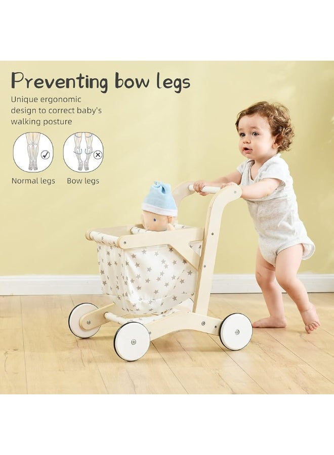 labebe عربة دفع دمى لبيبي من لابيب، لعبة دفع للأطفال، عربة تسوق للبنات والأولاد بعمر 1 سنة، عربة تعليمية للأطفال، عربة لعب خشبية بعجلات، حجم أكبر 15.2 * 18.7 * 19.7 - Image 3