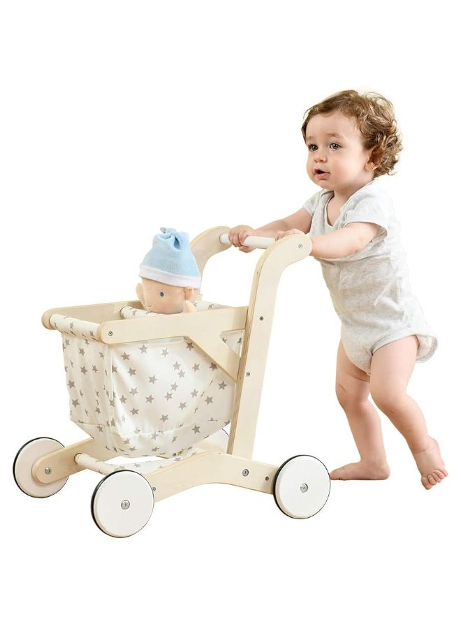 labebe عربة دفع دمى لبيبي من لابيب، لعبة دفع للأطفال، عربة تسوق للبنات والأولاد بعمر 1 سنة، عربة تعليمية للأطفال، عربة لعب خشبية بعجلات، حجم أكبر 15.2 * 18.7 * 19.7 - Image 2