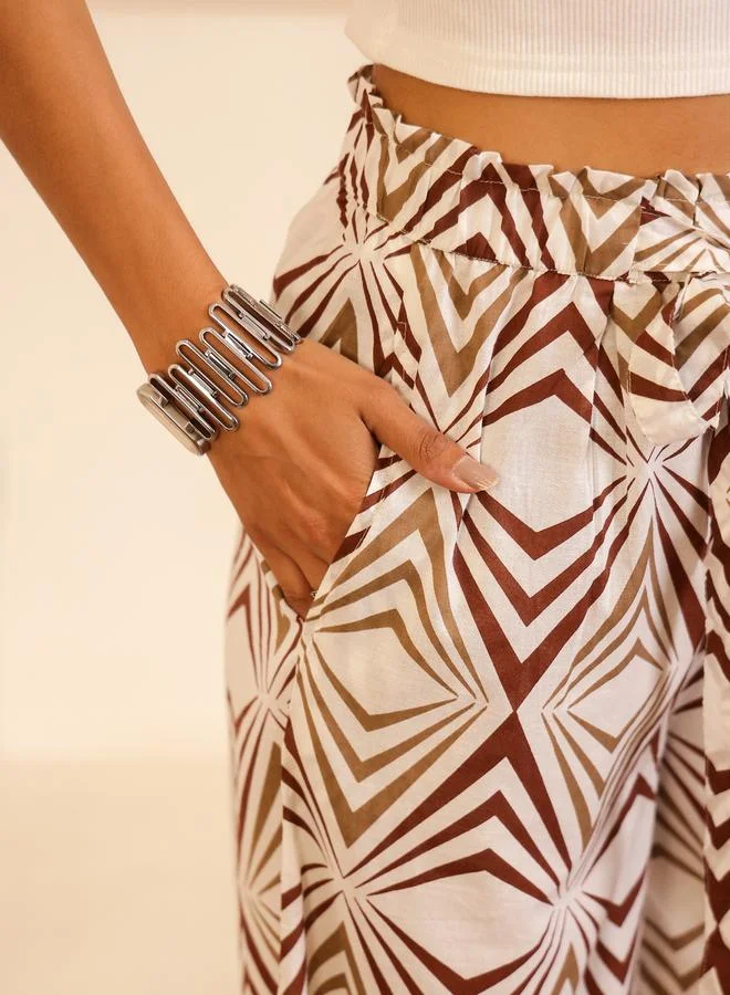 sanskrutihomes Sanskrutihomes Women White Printed Drawstring Waist Wide Leg Pants