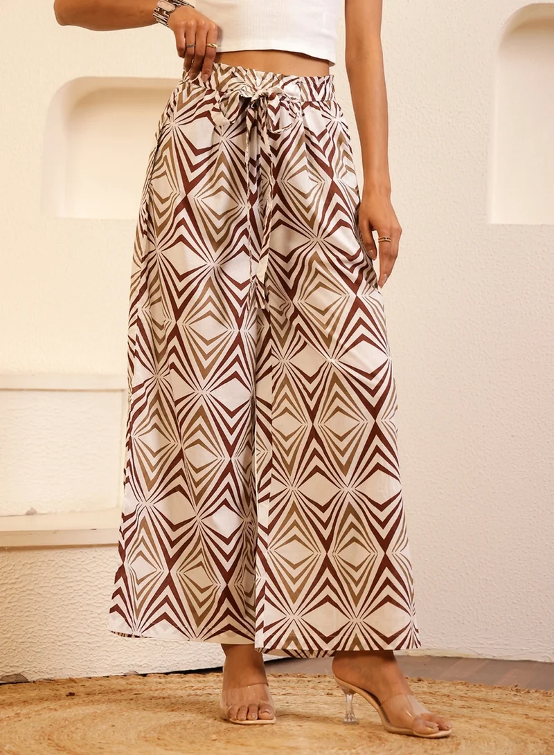 sanskrutihomes Sanskrutihomes Women White Printed Drawstring Waist Wide Leg Pants