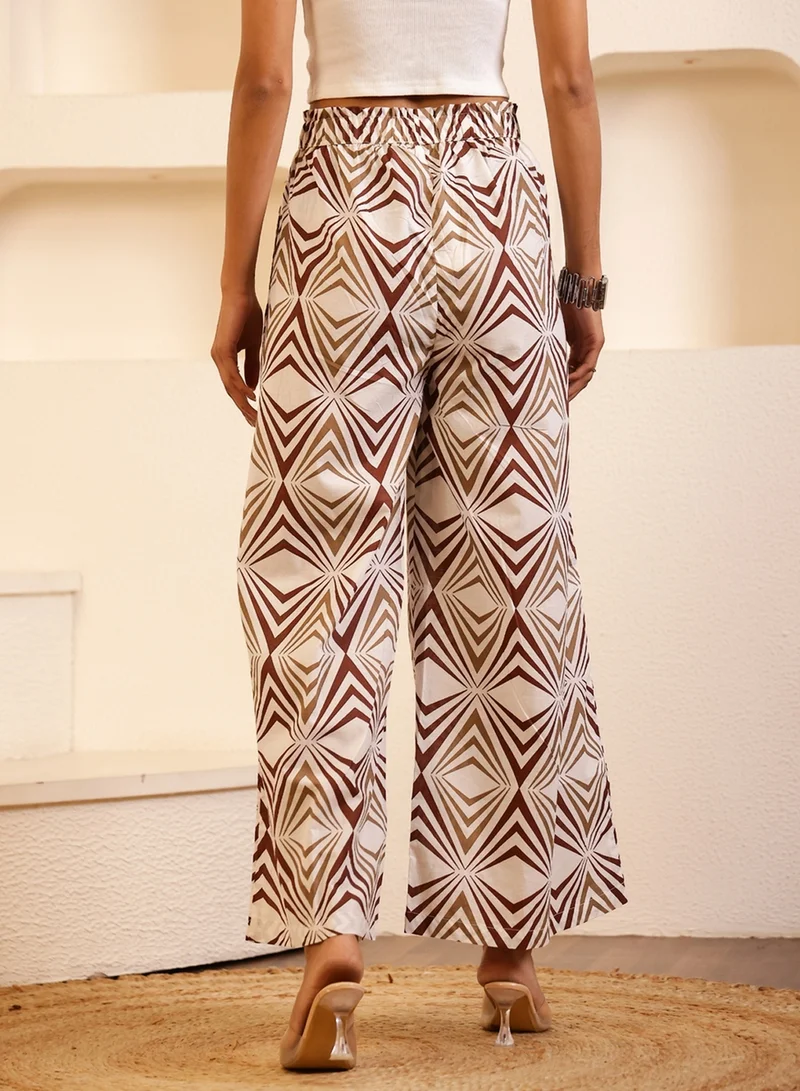 sanskrutihomes Sanskrutihomes Women White Printed Drawstring Waist Wide Leg Pants