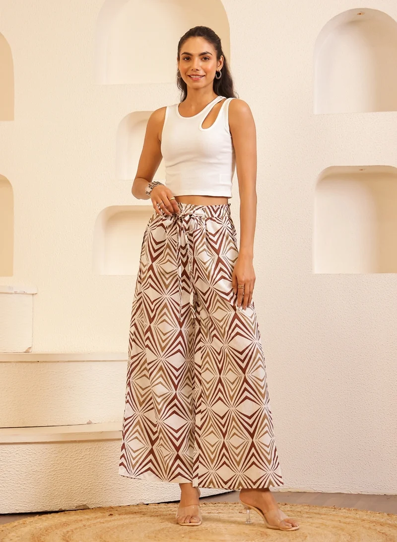 sanskrutihomes Sanskrutihomes Women White Printed Drawstring Waist Wide Leg Pants