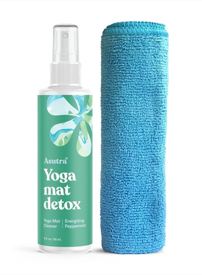 Asutra رذاذ منظف حصيرة اليوغا (نعناع منشط)، 4 أونصات سائلة - بدون بقايا زلقة، زيوت أساسية عضوية، تنظيف عميق لمعدات اللياقة البدنية ومعدات الصالة الرياضية، منشفة ميكروفايبر متضمنة - Image 1