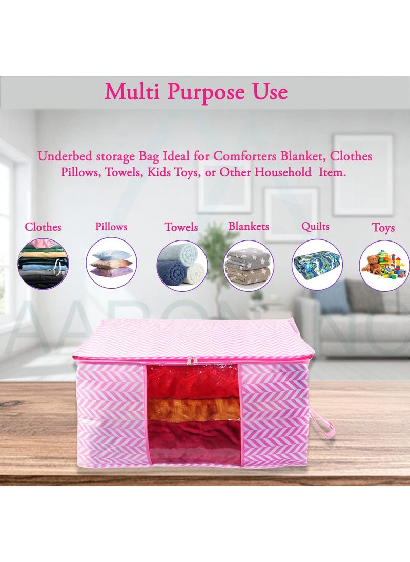 AARON INC AARON INC Non Woven Underbed Storage Bag Blanket Cover front Transparent with Zip Clothes Storage Organizer Rectangular Extra Large Size Pack 4 Pink 64X47X32 Cm  - Image 2