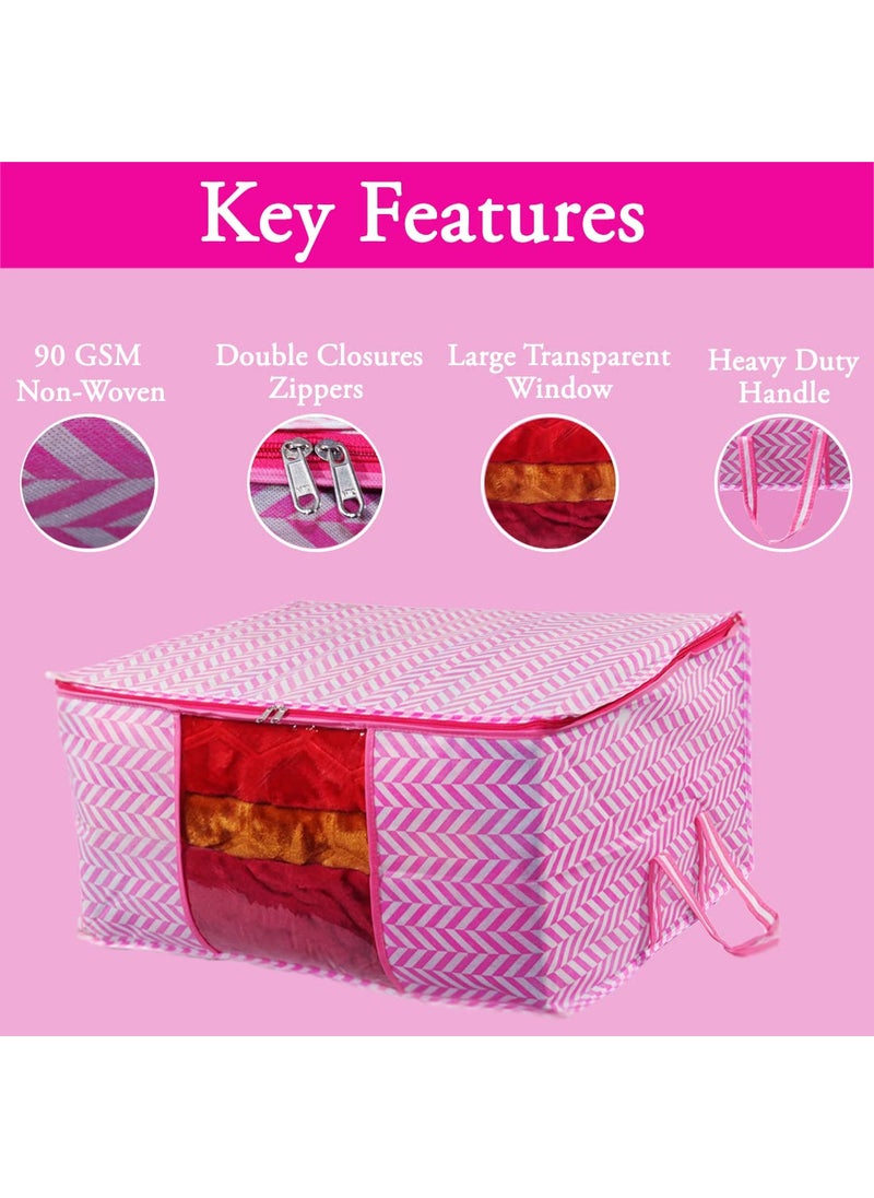 AARON INC AARON INC Non Woven Underbed Storage Bag Blanket Cover front Transparent with Zip Clothes Storage Organizer Rectangular Extra Large Size Pack 4 Pink 64X47X32 Cm  - Image 3