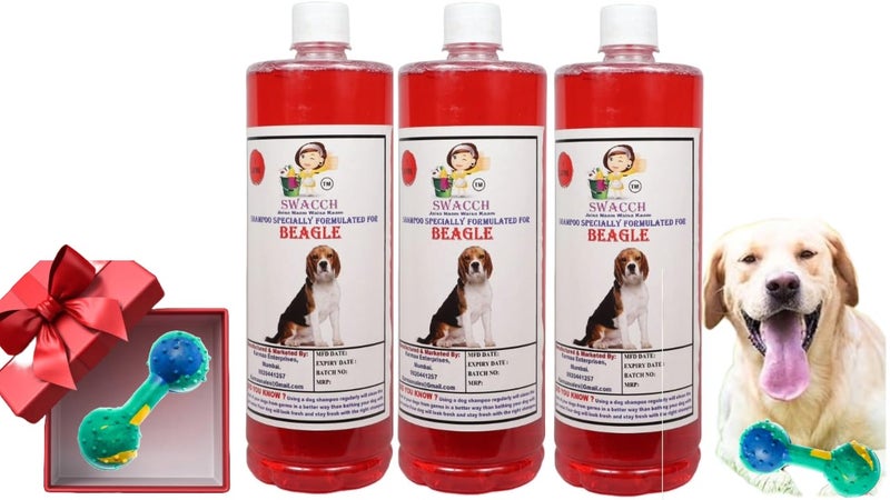 swacch Beagle Dog Shampoo + Dumbbell Toy I Durable Rubber Dog Toy for Chewing I Playing,Teeth Cleaning & Training Toy I Combo Pack I 1 Litre Pack of 3 Strawberry - Image 1