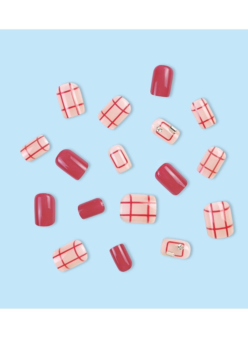 Goolsky Cherry Red Plaid Press On Nails – Sweet Princess Style Pink Jelly Rhinestone Nail Tips, 24pcs Reusable, Party/Casual Wear - Image 2