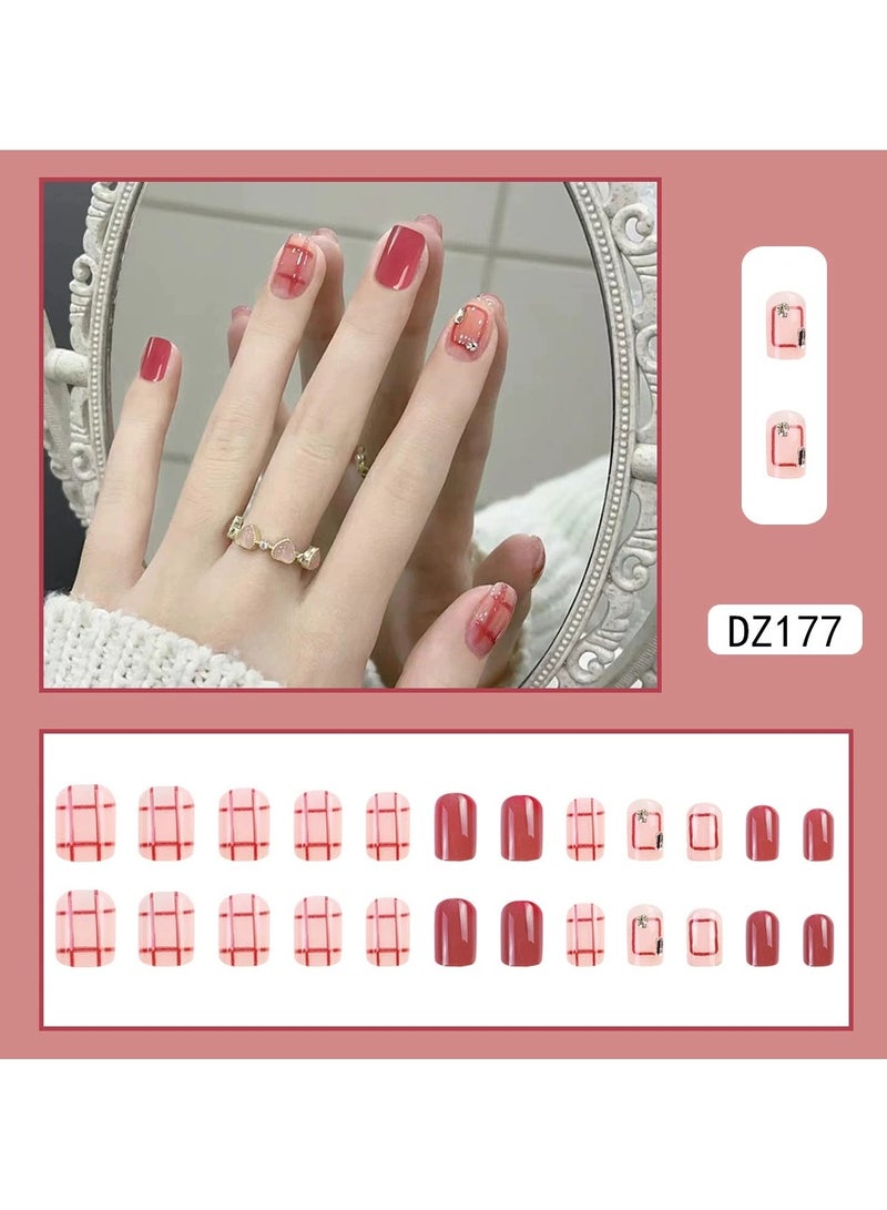 Goolsky Cherry Red Plaid Press On Nails – Sweet Princess Style Pink Jelly Rhinestone Nail Tips, 24pcs Reusable, Party/Casual Wear - Image 1