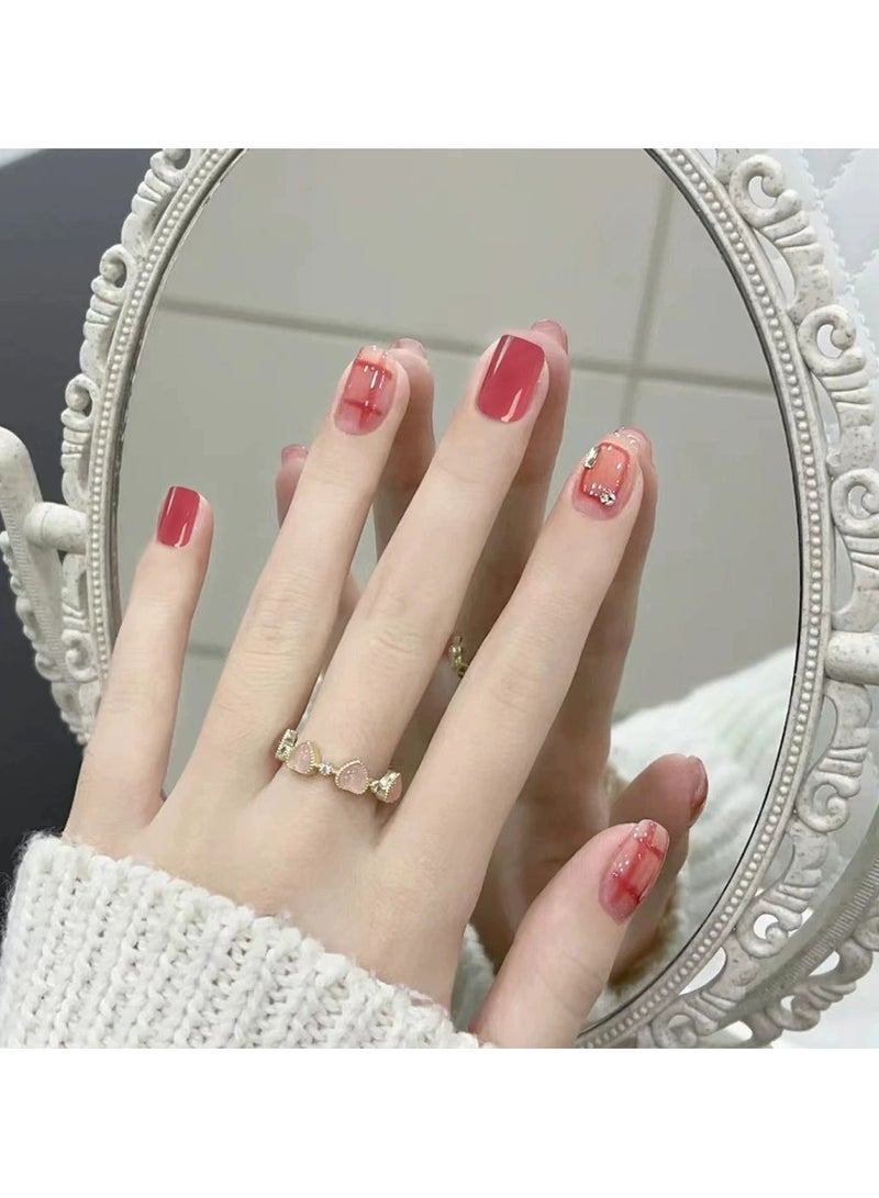 Goolsky Cherry Red Plaid Press On Nails – Sweet Princess Style Pink Jelly Rhinestone Nail Tips, 24pcs Reusable, Party/Casual Wear - Image 3