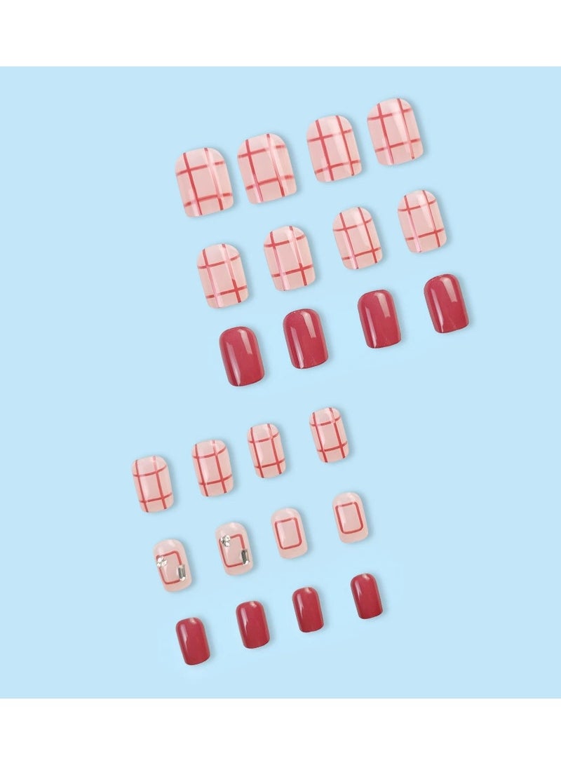 Goolsky Cherry Red Plaid Press On Nails – Sweet Princess Style Pink Jelly Rhinestone Nail Tips, 24pcs Reusable, Party/Casual Wear - Image 4