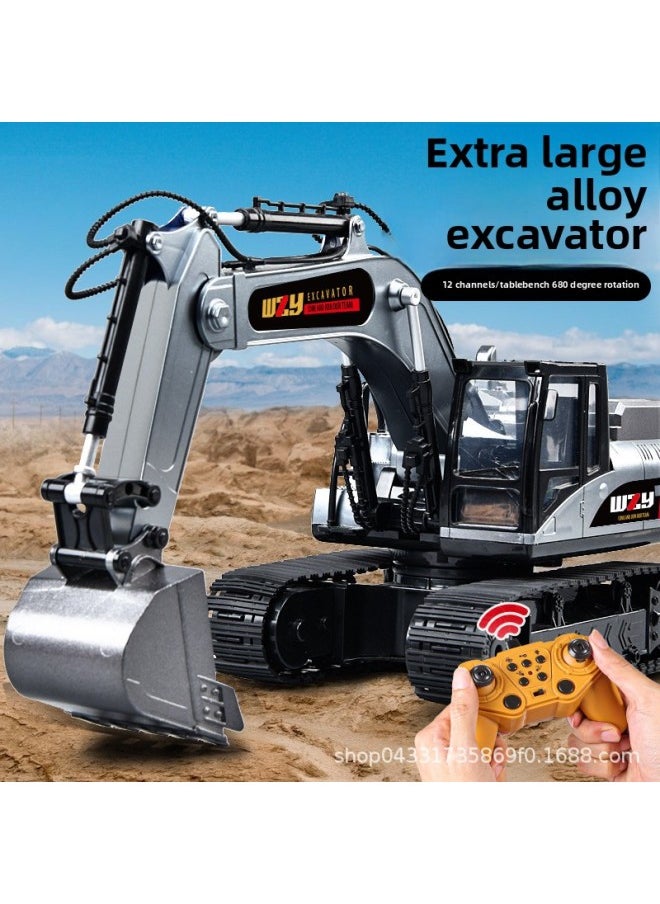 Oversized Alloy Remote Control Excavator Wireless Engineering Vehicle Earth Digging Hook Machine Charging Electric Excavator Toy Boy Gift-Color:12-way Yellow Alloy Bucket (color Box)-Proportion:Local Tyrants (3 Batteries)