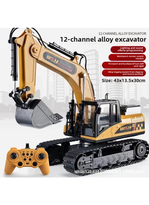 Oversized Alloy Remote Control Excavator Wireless Engineering Vehicle Earth Digging Hook Machine Charging Electric Excavator Toy Boy Gift-Color:12-way Yellow Alloy Bucket (color Box)-Proportion:Local Tyrants (3 Batteries)