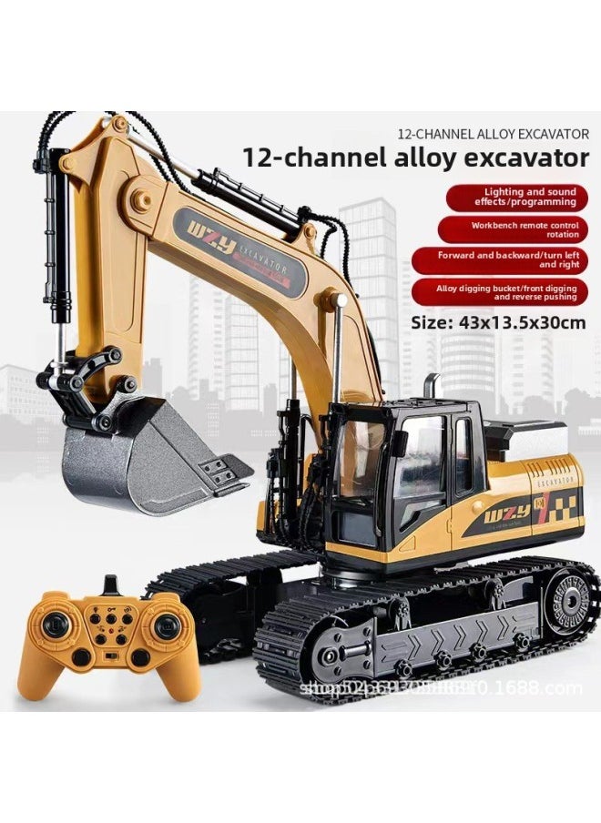 Oversized Alloy Remote Control Excavator Wireless Engineering Vehicle Earth Digging Hook Machine Charging Electric Excavator Toy Boy Gift-Color:12-way Yellow Alloy Bucket (color Box)-Proportion:Local Tyrants (3 Batteries)