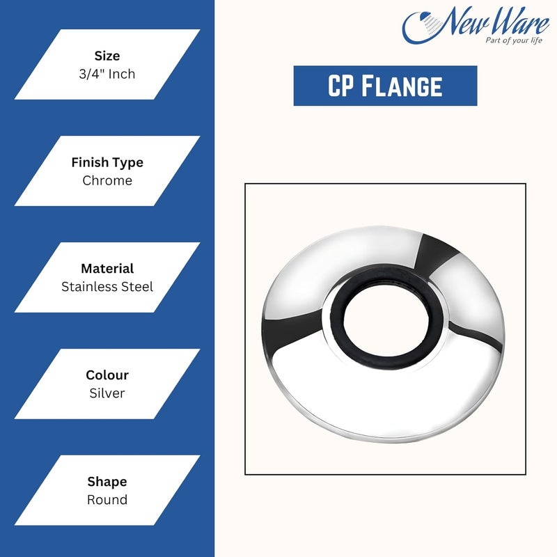 NEW WARE لوحة جدار من الفولاذ المقاوم للصدأ 202 مطلية بالكروم مع فلانج دائري لمحابس المطبخ وصنابير الحمام (3/4 بوصة) (عبوة من 5) - Image 5