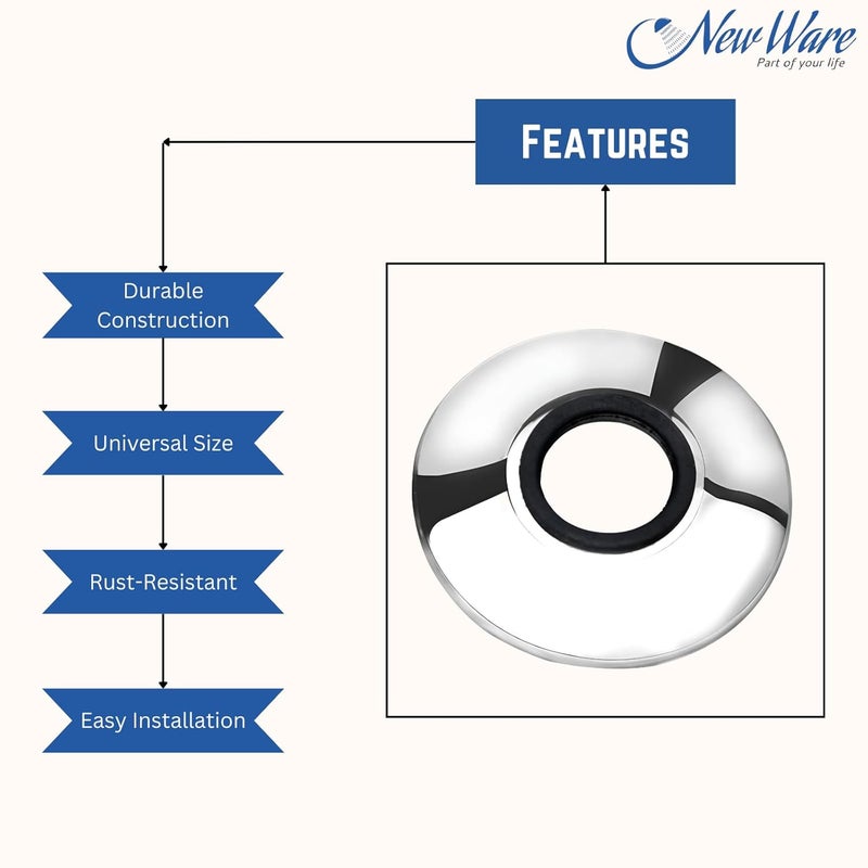 NEW WARE لوحة جدار من الفولاذ المقاوم للصدأ 202 مطلية بالكروم مع فلانج دائري لمحابس المطبخ وصنابير الحمام (3/4 بوصة) (عبوة من 5) - Image 4