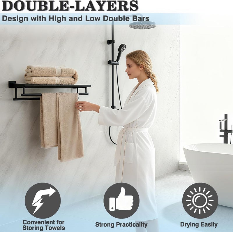 Alise Towel Rack,Large Towel Holder Towel Shelf with Double Towel Bars for Bathroom Lavatory,SUS 304 Stainless Steel Wall Mount Towel Hanger,Matte Black,20 Inch - Image 5