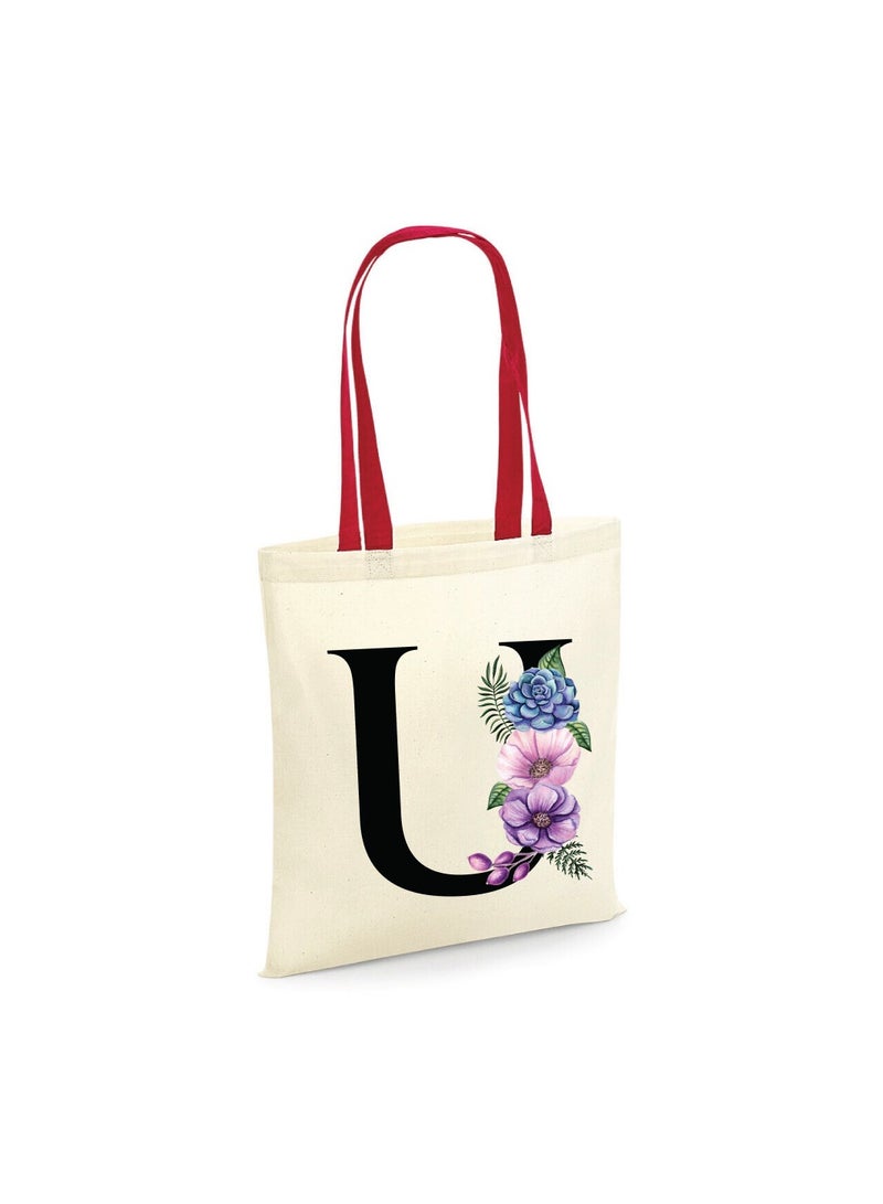 PRINTSHOP4ME Initial Letters Canvas Cotton Tote Bag With Red Handle-Ideal Gifts For Bridesmaids-Party Bag - Image 1