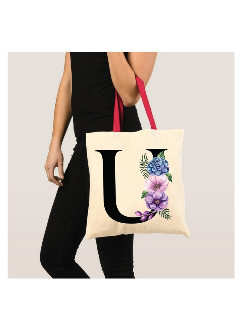 PRINTSHOP4ME Initial Letters Canvas Cotton Tote Bag With Red Handle-Ideal Gifts For Bridesmaids-Party Bag - Image 3