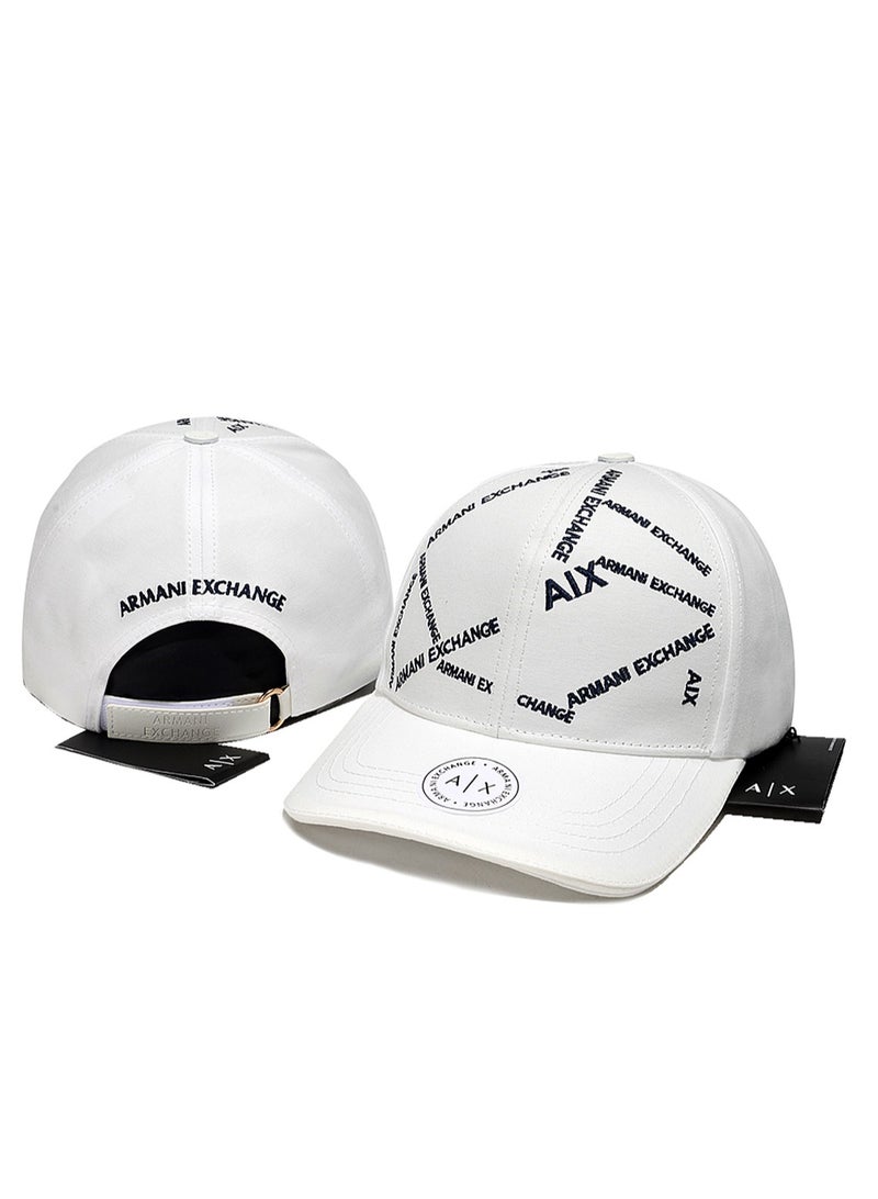 Cap: White Cotton, Navy All - Over Embroidered Logos