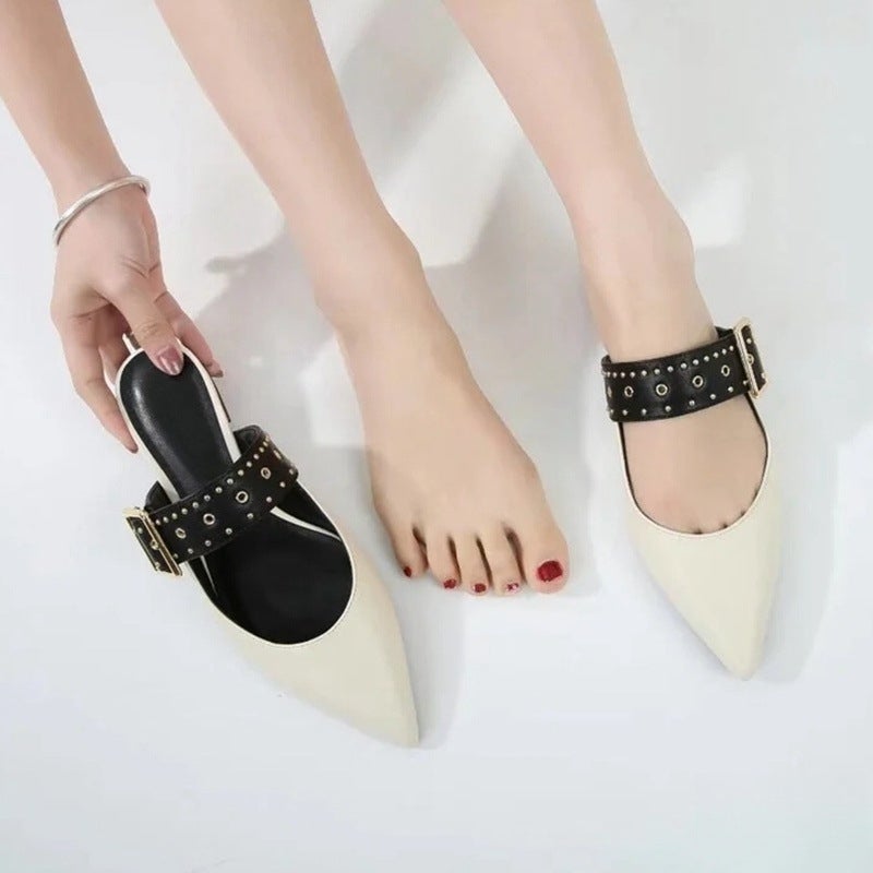 French Leather Shoes Rivet Retro Pointed Mary Jane Shoes Low Heel Single-Layer Shoes Baotou Mueller Shoes Half Slippers For Women - Image 2
